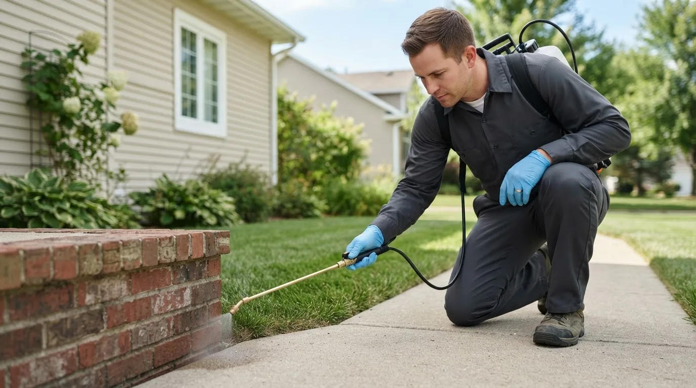 Pest control technician treating a home near Racine, OH