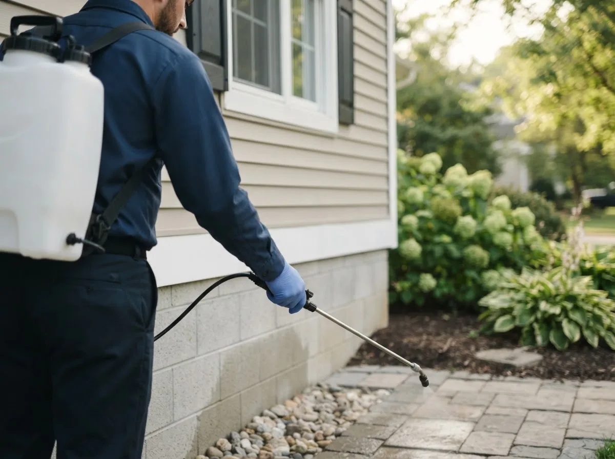 Pest control technician inspecting a home in Racine, OH